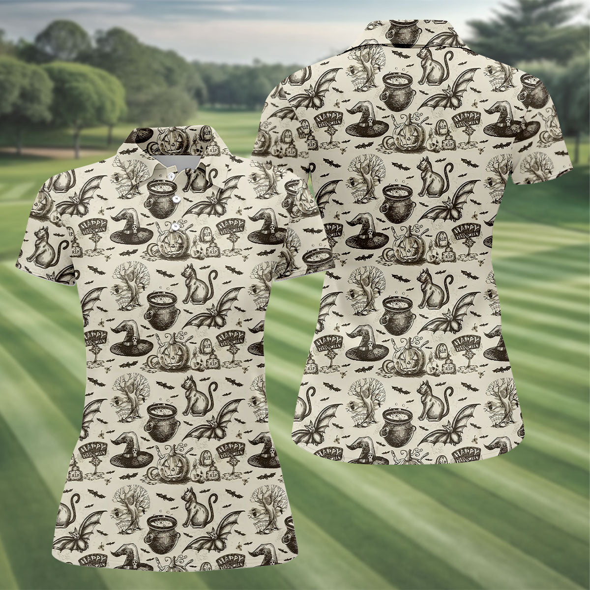 Halloween Witch Cat Pattern Fun Women's Golf Shirts, Ladies Golf Tops, Golf Shirt For Women