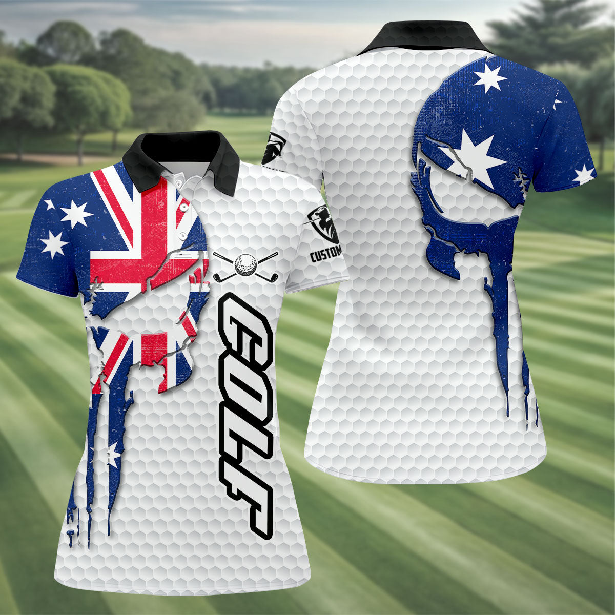 Cool Skull Golf Ball Pattern Australia Flag Print White Golf Shirt, Golf Shirt For Women