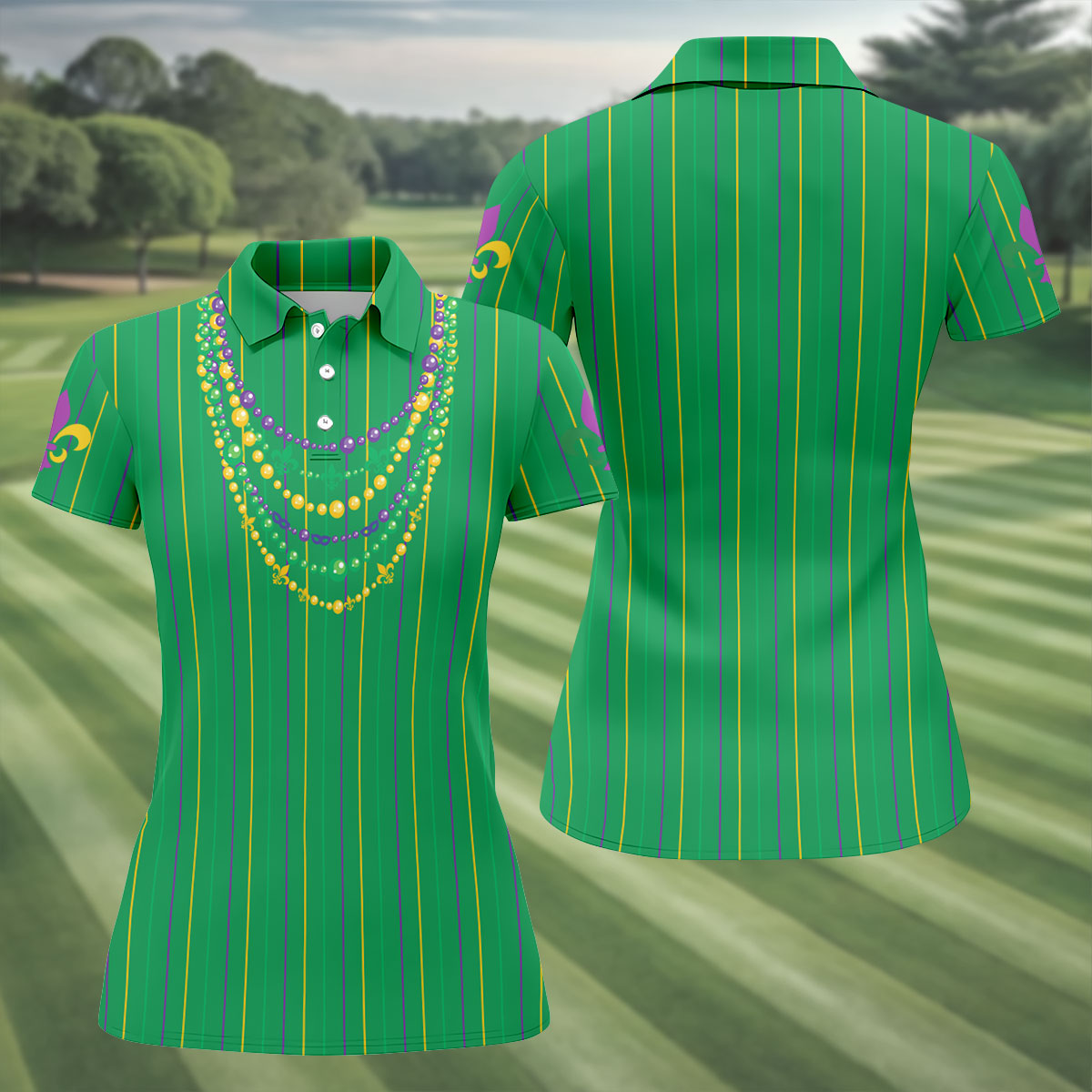 Mardi Gras Beads Necklaces Print Green Golf Shirt, Women's Golf Shirts, Ladies Golf Polos, Golf Shirt For Women