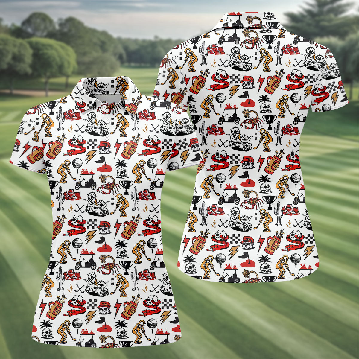 Horror Pattern White Halloween Women Golf Top, Halloween Gift Idea, Ladies Golf Shirts