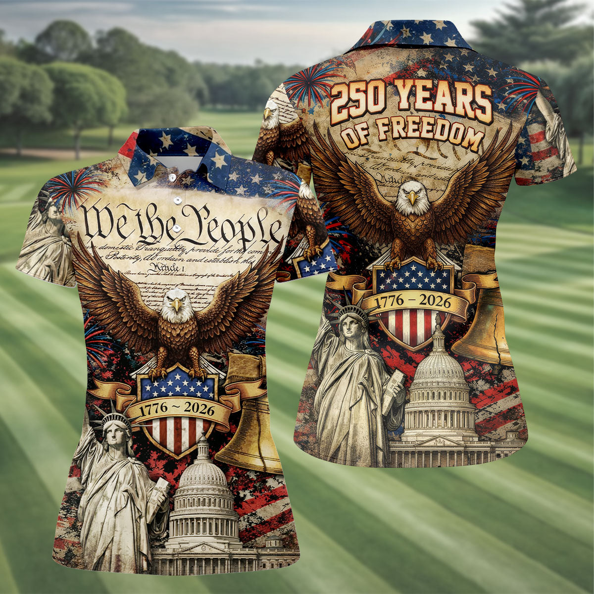 We The People Semiquincentennial Proud America 4th Of July Women Golf Top, 250th Anniversary Patriotic Golf Shirt