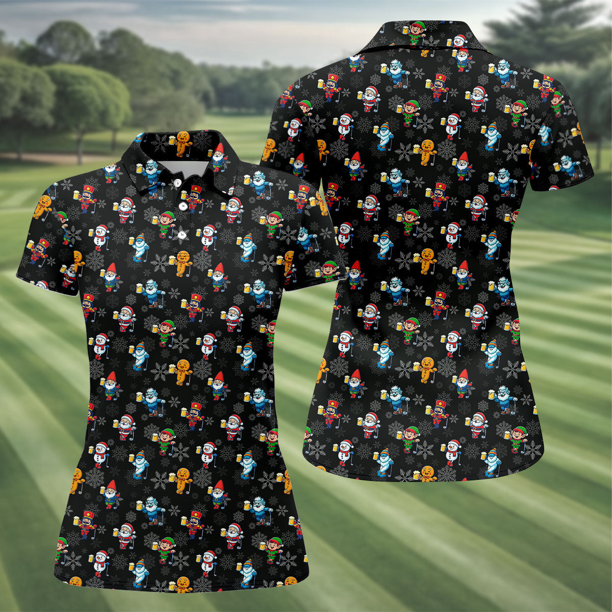 Classic Christmas Characters Black Golf Shirt, Christmas Golf Shirt, Women's Golf Tops, Ladies Golf Shirts