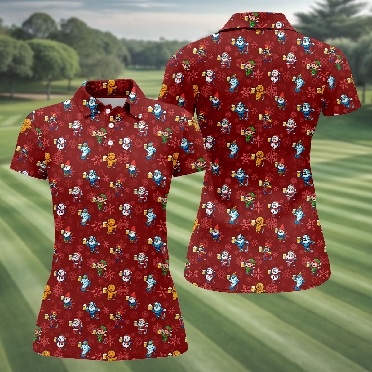 Christmas Characters Golf And Beer Red Women's Funny Golf Shirts, Christmas Golf Shirt, Polo ShirtFor Women