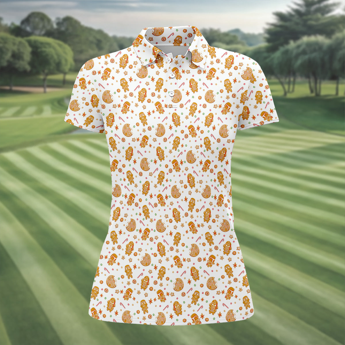 Funny Gingerbread Villain Character Christmas Golf Shirt, White Golf Polo, Women's Golf Tops