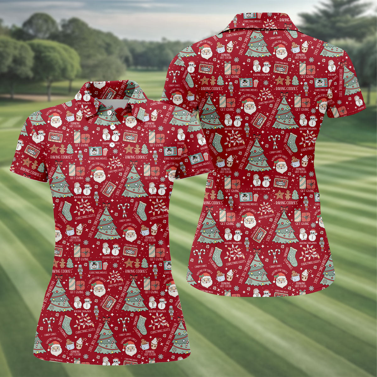 Cute Santa Claus Gift Red Women's Golf Tops, Christmas Golf Shirt, Golf Gift For Ladies