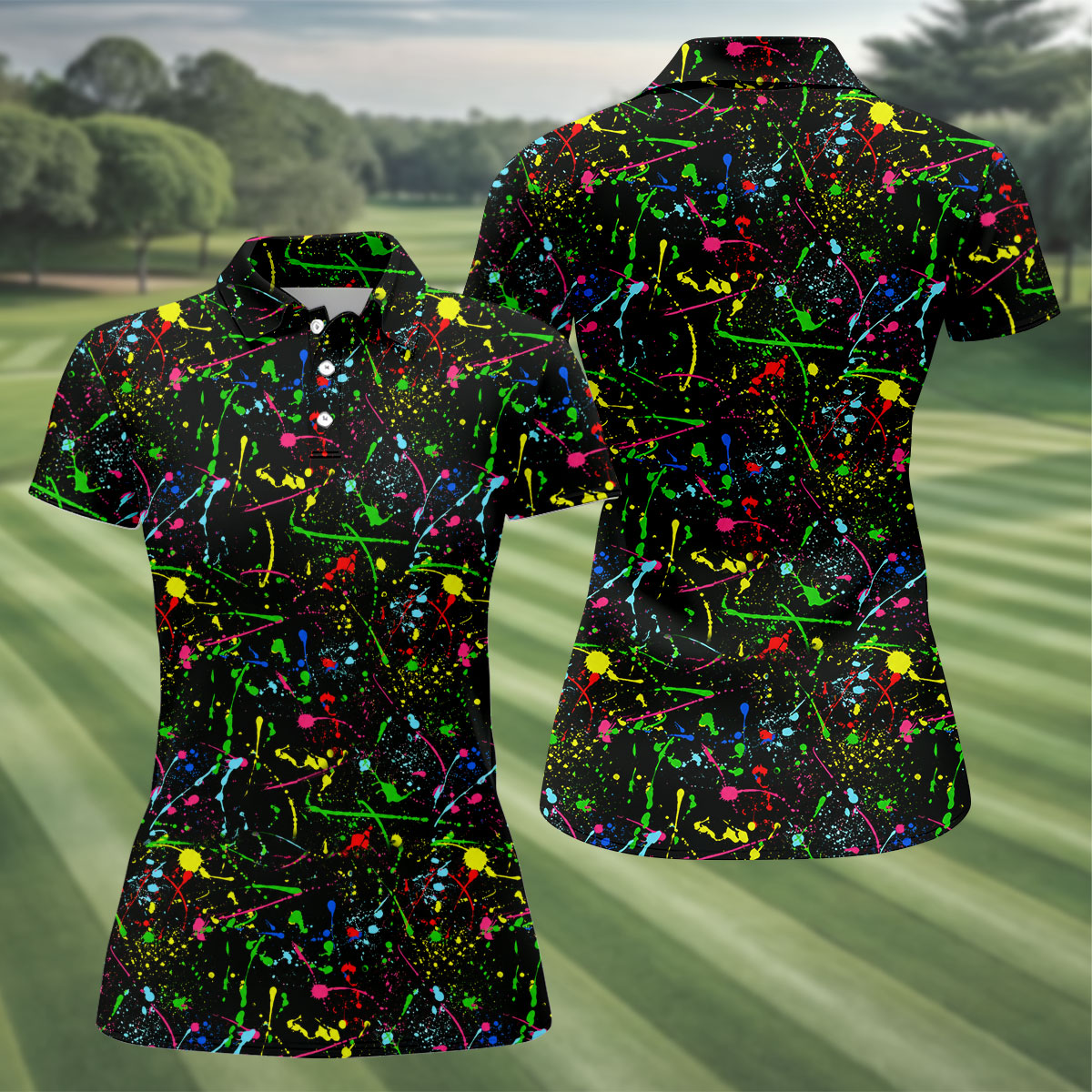 Black Neon Paint Splatter Golf Shirt, Women's Golf Tops, Performance Golf Shirt