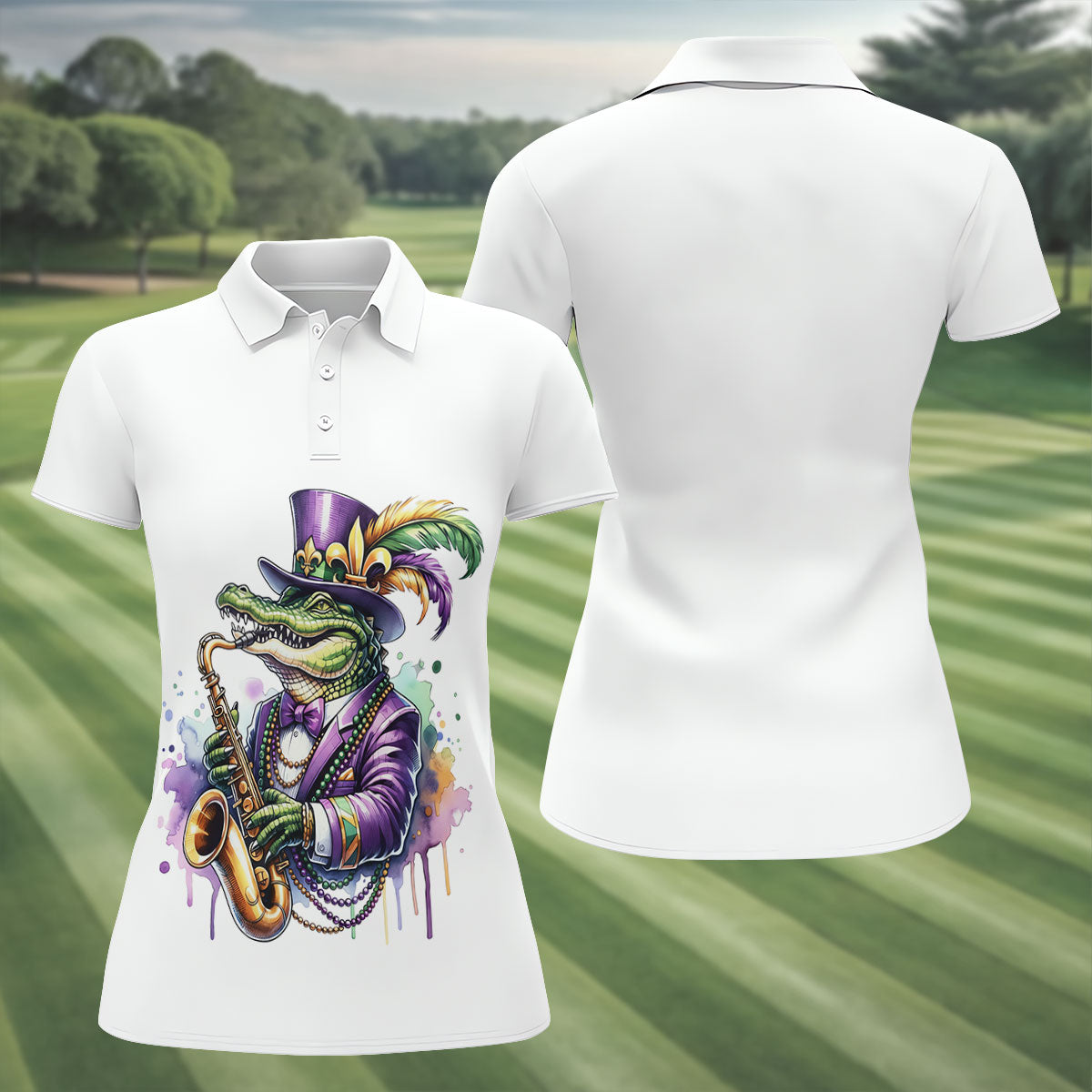Mardi Gras Alligator Playing Saxophone White Golf Shirt, Women's Golf Tops, Ladies Golf Shirt