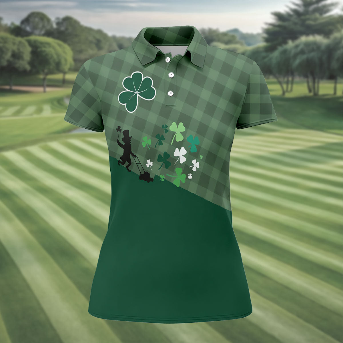 Green Checkered Leprechaun Shamrock St Patrick's Day Golf Shirt, Women's Golf Tops, Ladies Golf Shirts
