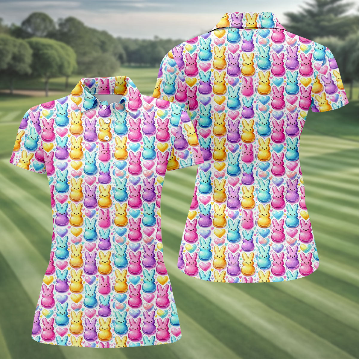 Easter Bunny Jelly Effect Seamless Pattern Women Golf Top, Fun Women's Golf Shirts, Ladies Golf Shirts