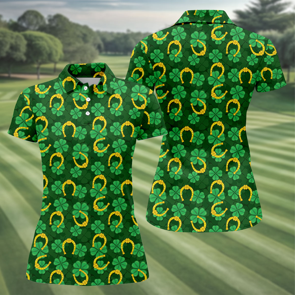 Four Leaf Clovers Golden Horseshoes St Patrick's Day Golf Shirt, Women's Golf Tops, Ladies Golf Polos