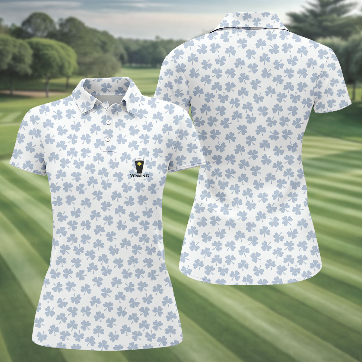 Vitamin G Shamrock Pattern Golf And Beer White Golf Shirt, St Patrick's Day Golf Shirt, Women's Golf Shirts