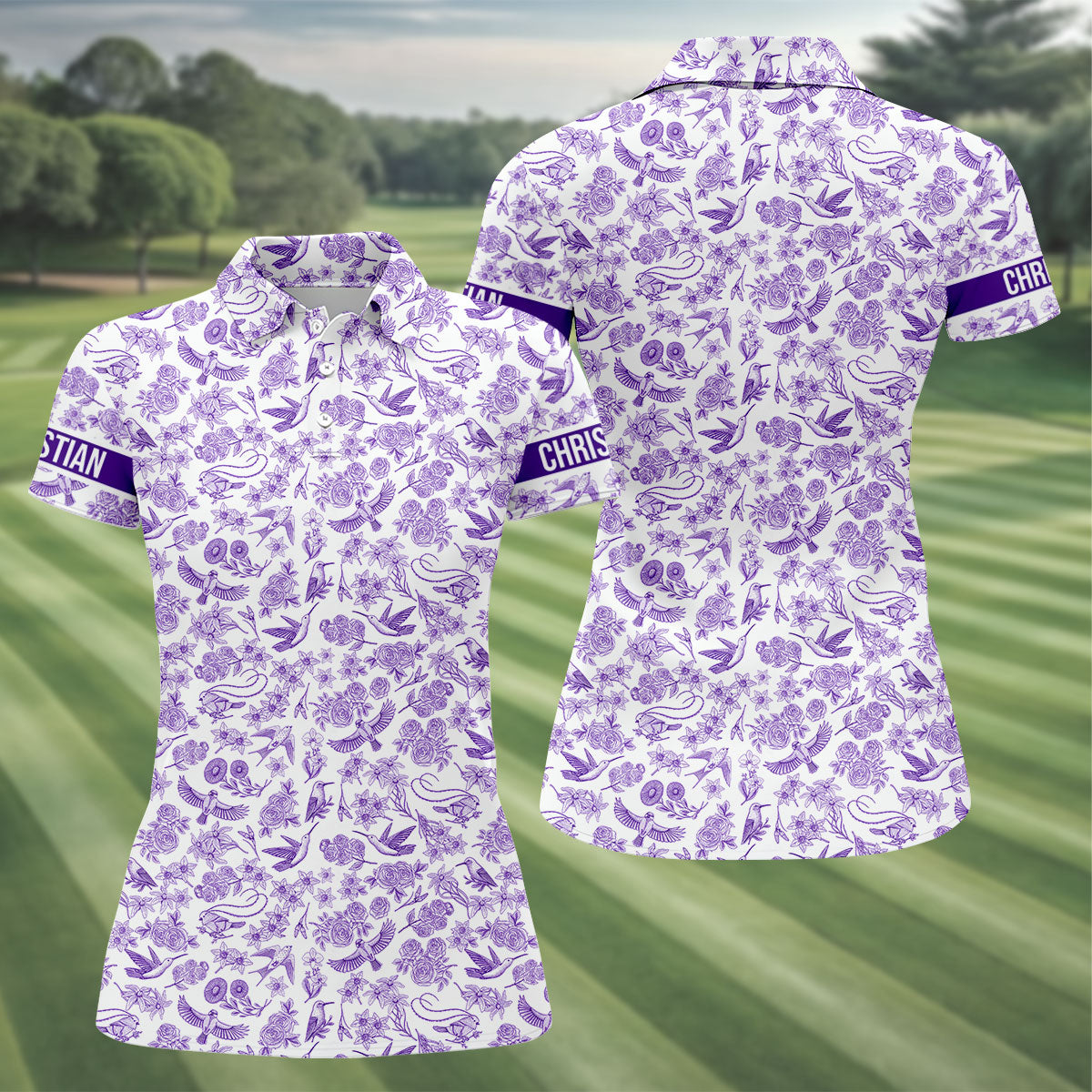 Custom Name Toile de Jouy Birds And Flowers Purple And White Women Golf Top, Ladies Golf Polos