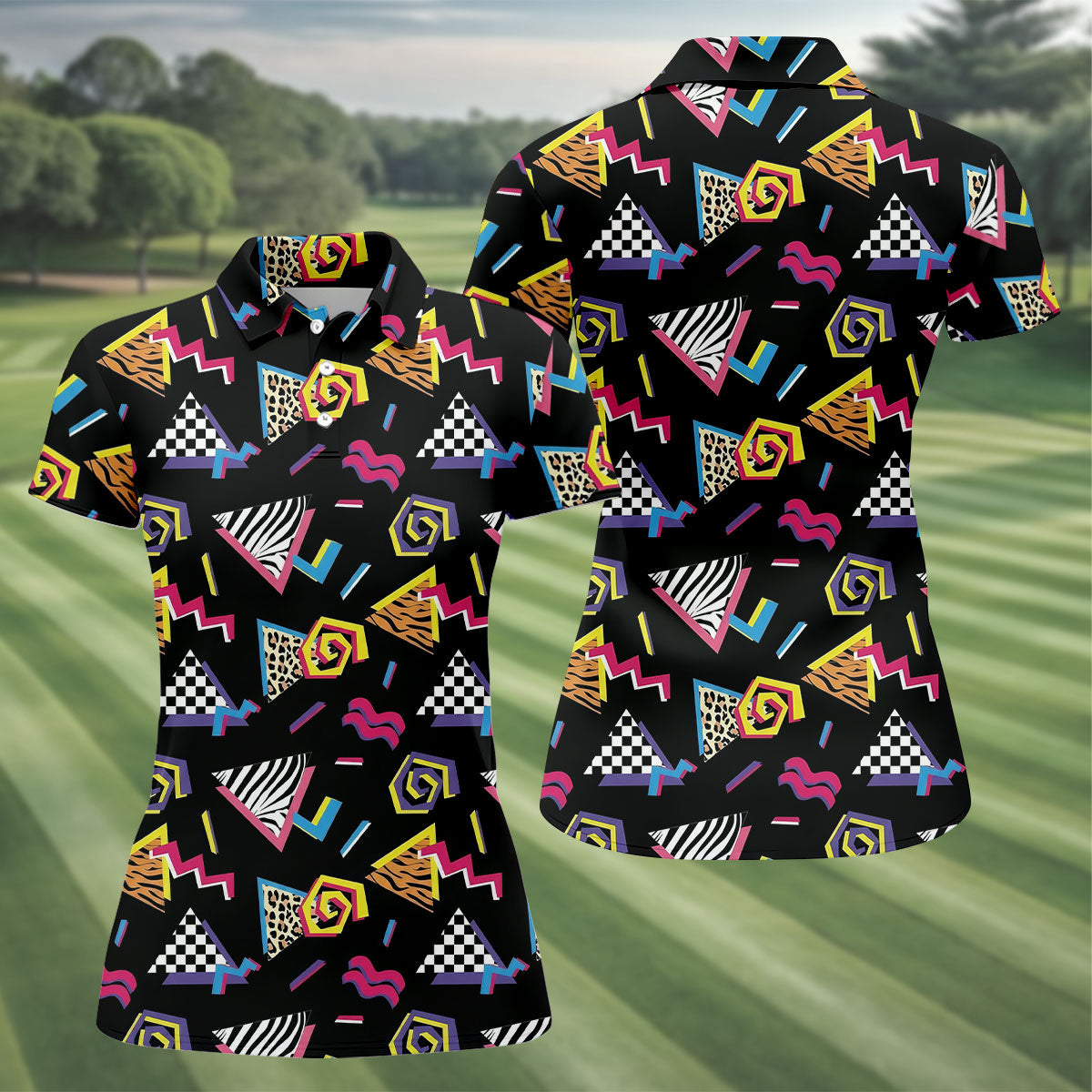 Abstract Geometric Leopard Zebra Animal Stripes 80s 90s Style Ladies Golf Tops, Golf Shirt For Women