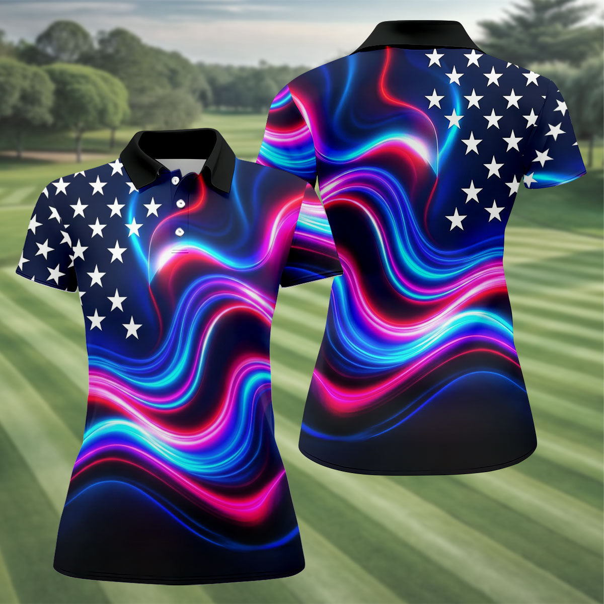 Star Pattern Neon Color Wavy Stripes 250th Anniversary, Patriotic 4th Of July Golf Shirt For Women
