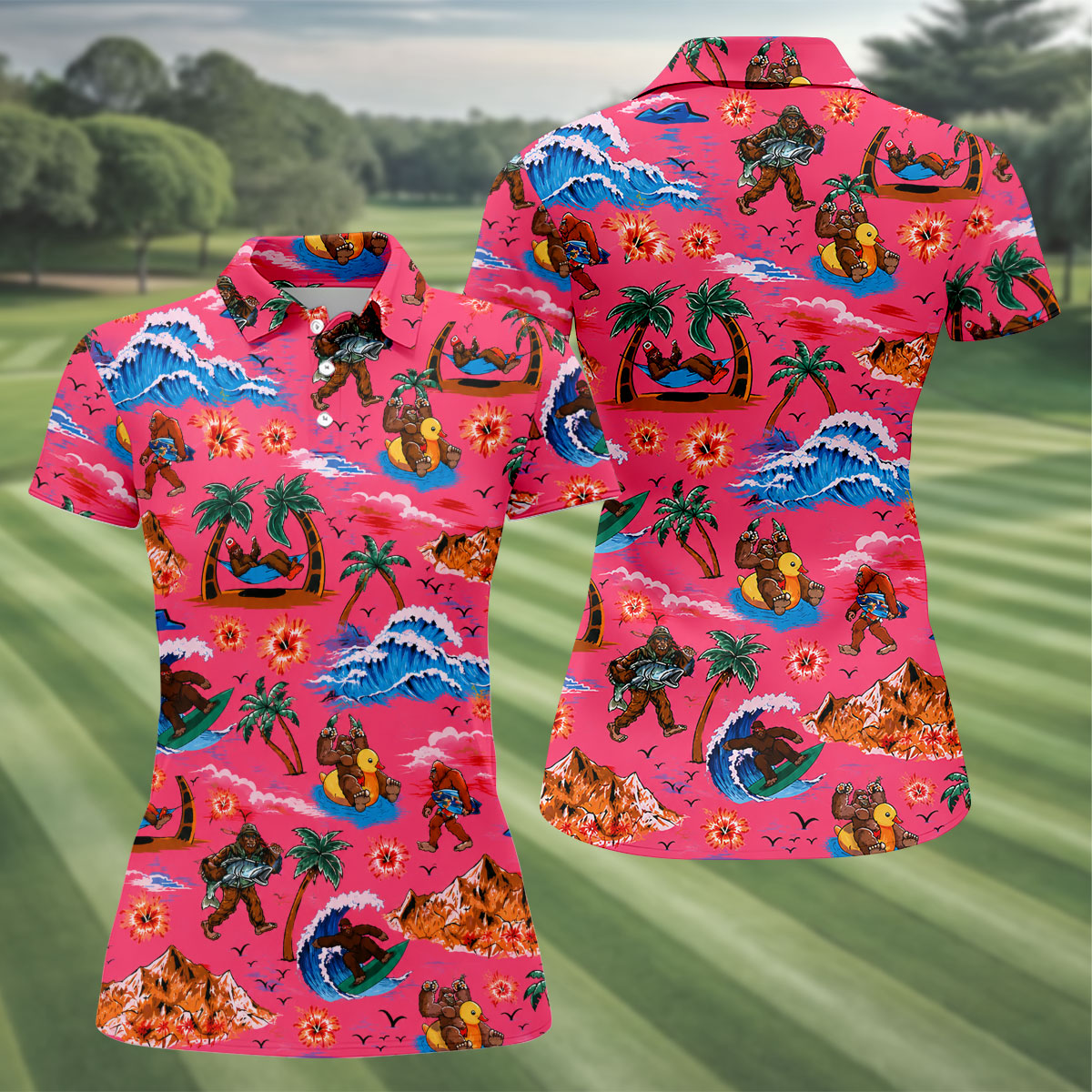 Pink Bigfoot Aloha Beach Vacation Golf Shirt, Golf Polo For Women, Printed Golf Shirt