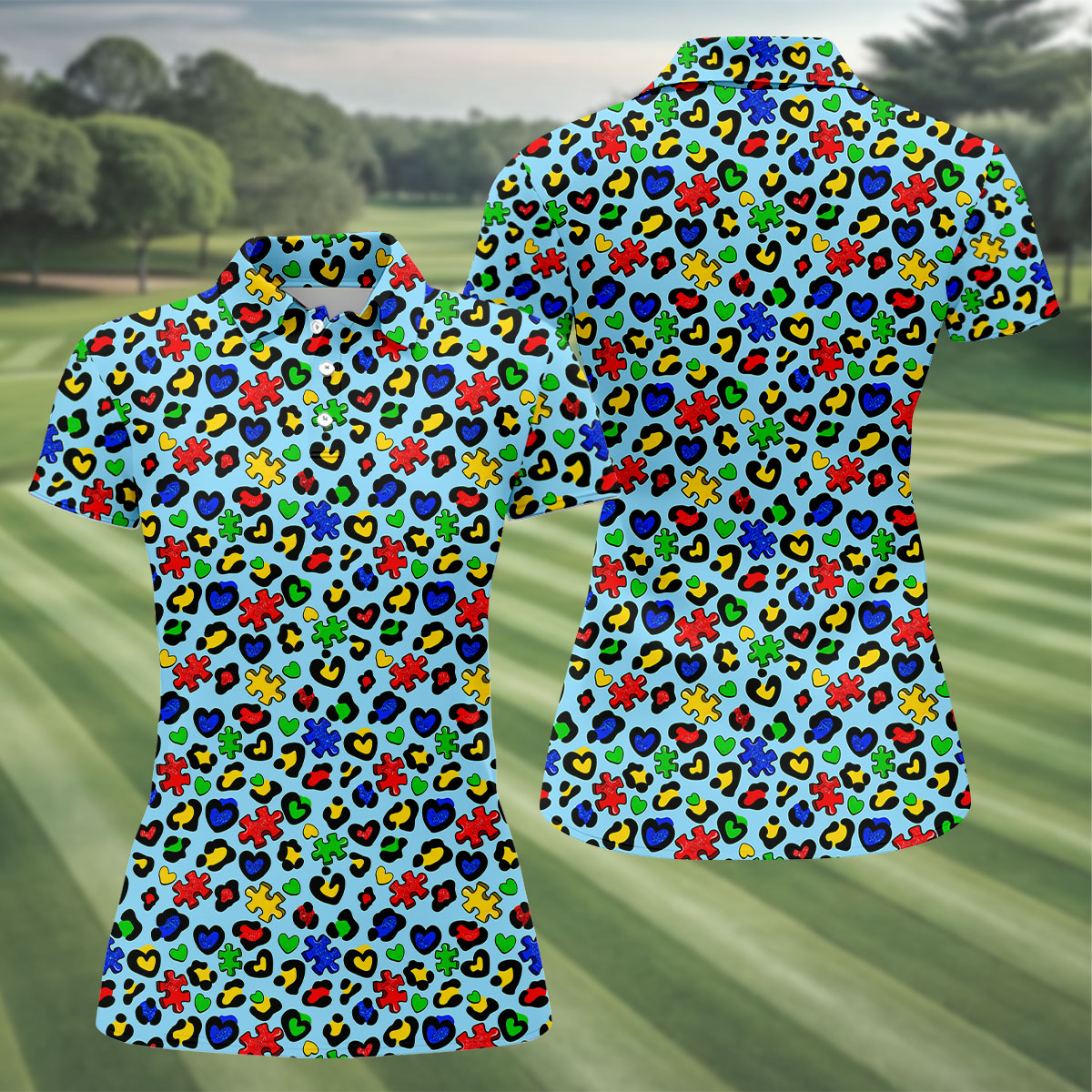 Autism Awareness Color Leopard Pattern Blue Golf Shirt, Women's Golf Tops, Ladies Golf Shirts, Ladies Golf Polos