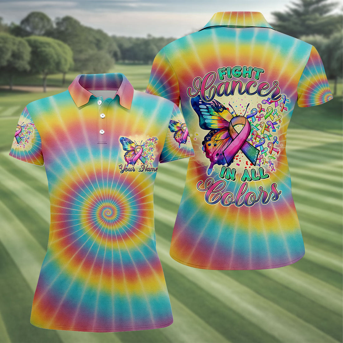 Fight Cancer In All Colors Tie Dye Print Women's Golf Shirts, Cancer Awareness Shirt, Ladies Golf Polos