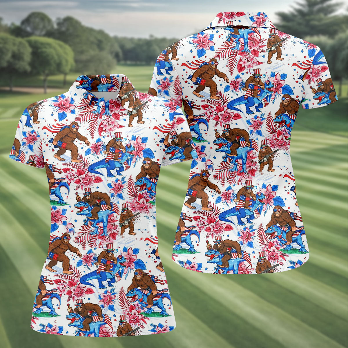 American Flag Patriotic Pride Funny Bigfoot Hawaiian Golf Shirt, 250th Anniversary Women's Golf Tops