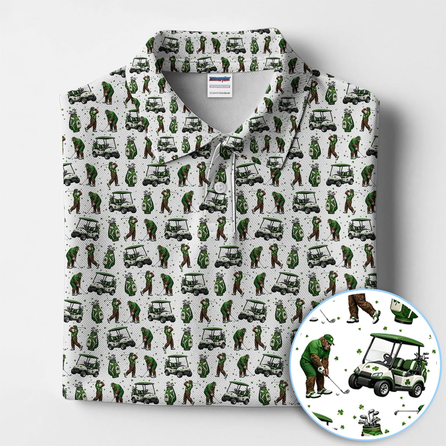 Bigfoot Golf St. Patrick’s Day Pattern Golf Polos, Sasquatch Golf Shirt For Golfer, Crazy Men's Golf Gift