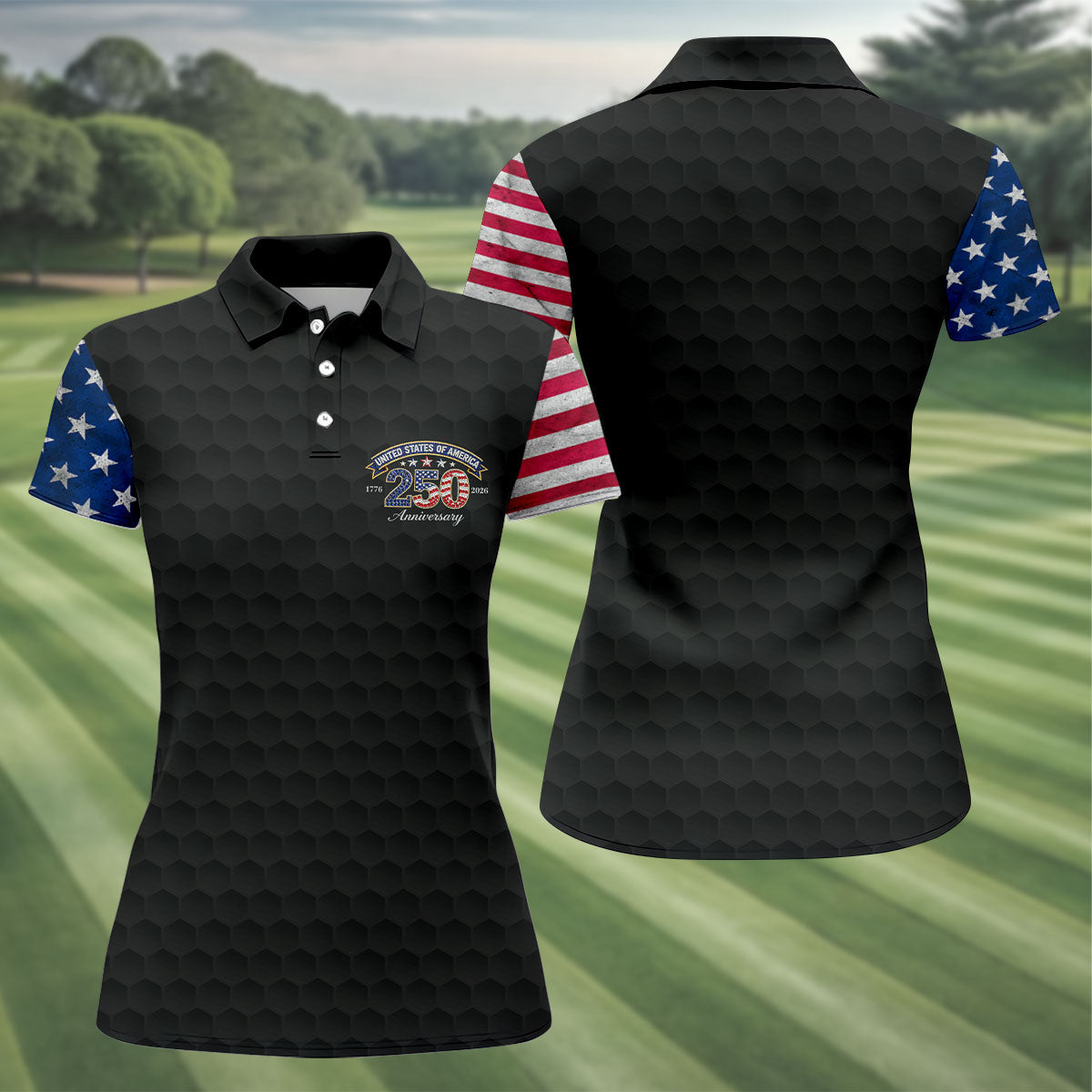250th Anniversary Golf Ball Pattern Black Golf Shirt, Patriotic 4th Of July Golf Shirt, Golf Shirt For Women