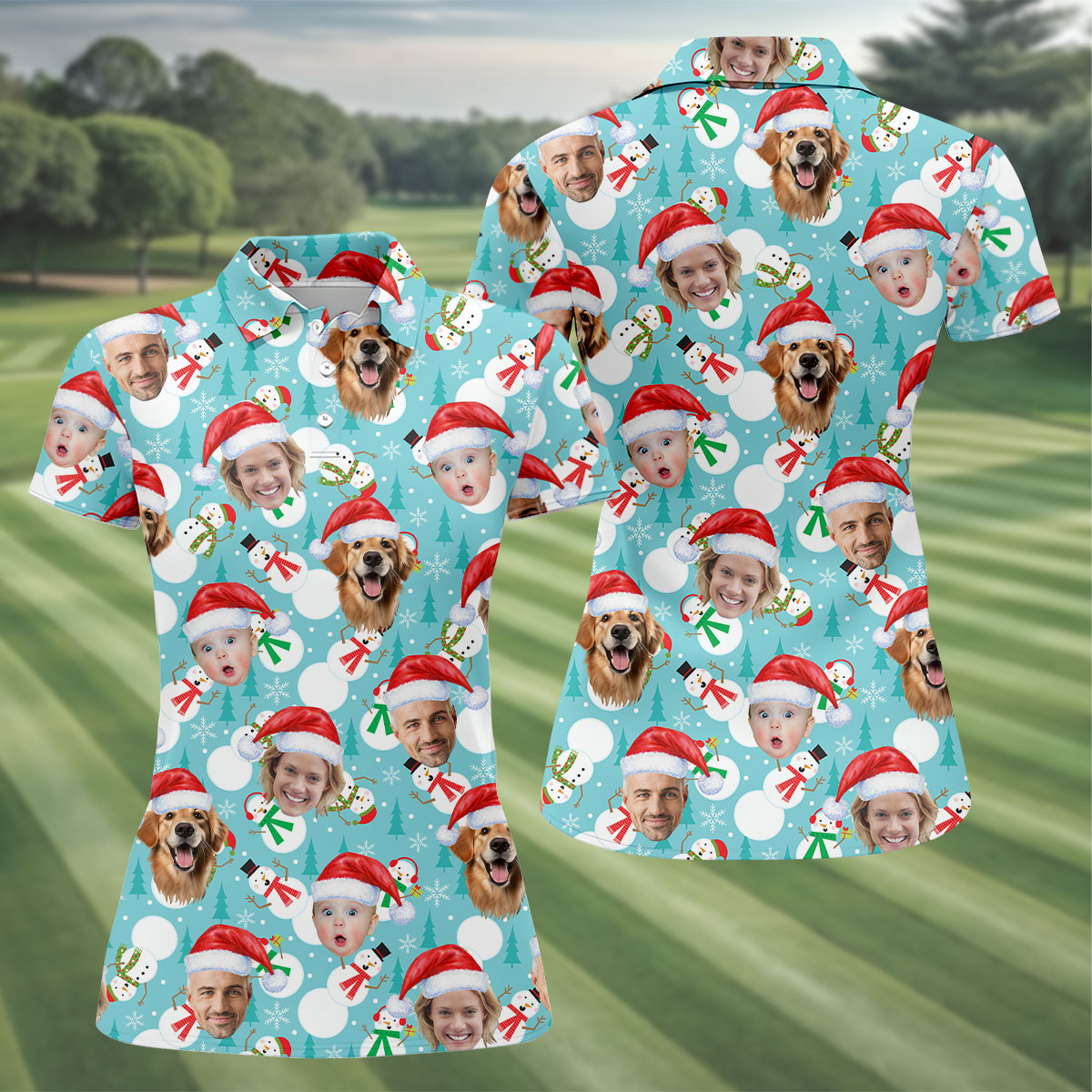 Custom Face Cute Snowman Ice Blue Christmas Golf Shirt, Ladies Golf Tops, Golf Gifts For Women
