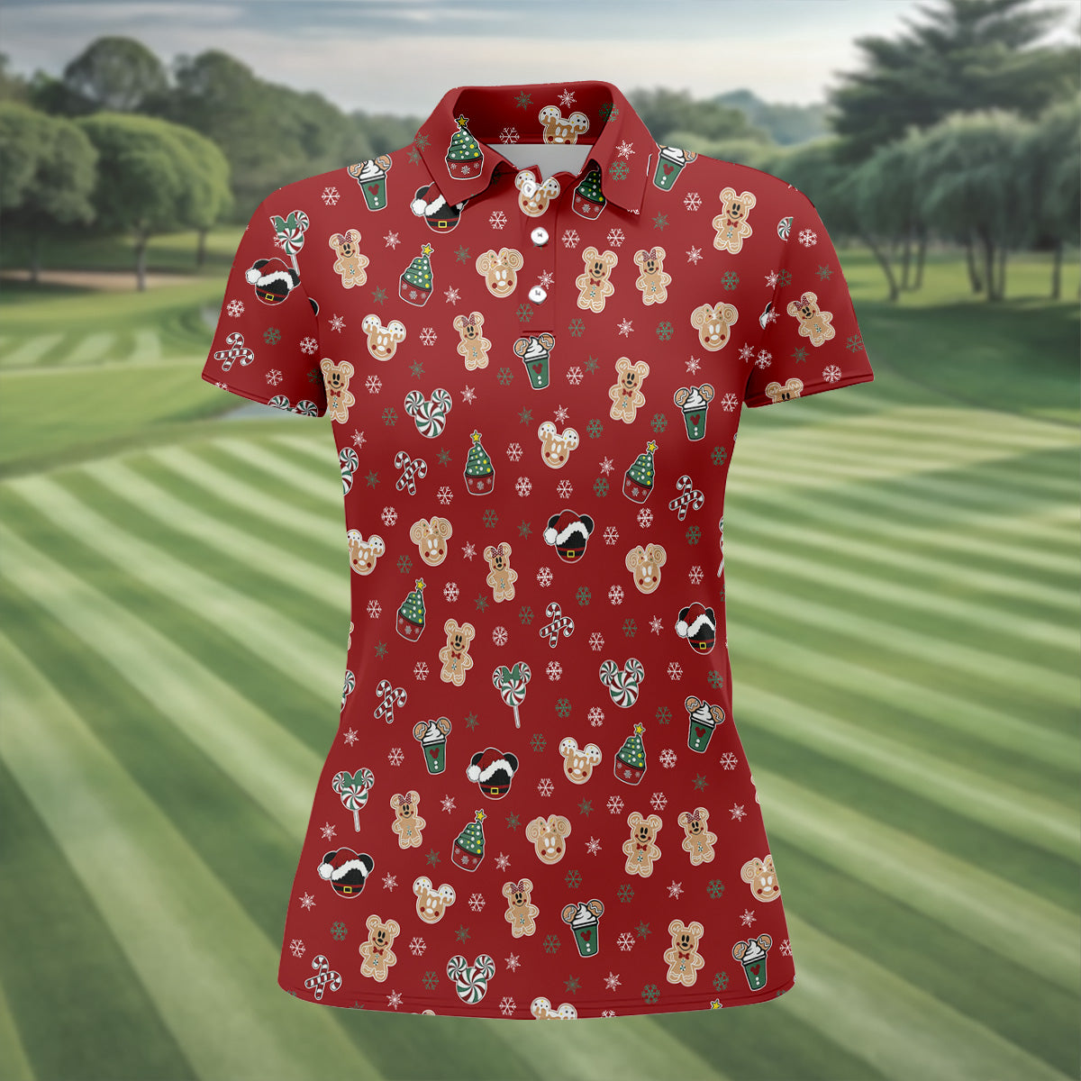 Christmas Gingerbread Red Golf Shirt, Holiday Pattern Christmas Golf Shirt, Women's Polo Shirt