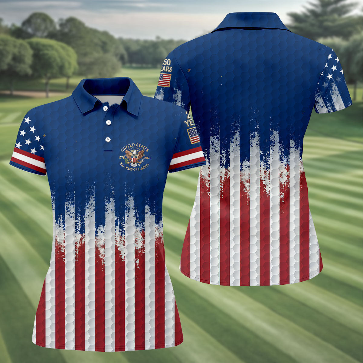 250 Years Of Liberty Distressed American Flag Golf Shirt, Patriotic 4th Of July Golf Shirt For Women