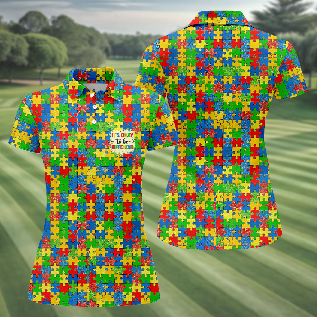 It's Okay To Be Different Colorful Puzzle Pattern Autism Awareness Golf Shirt For Women, Ladies Golf Polos