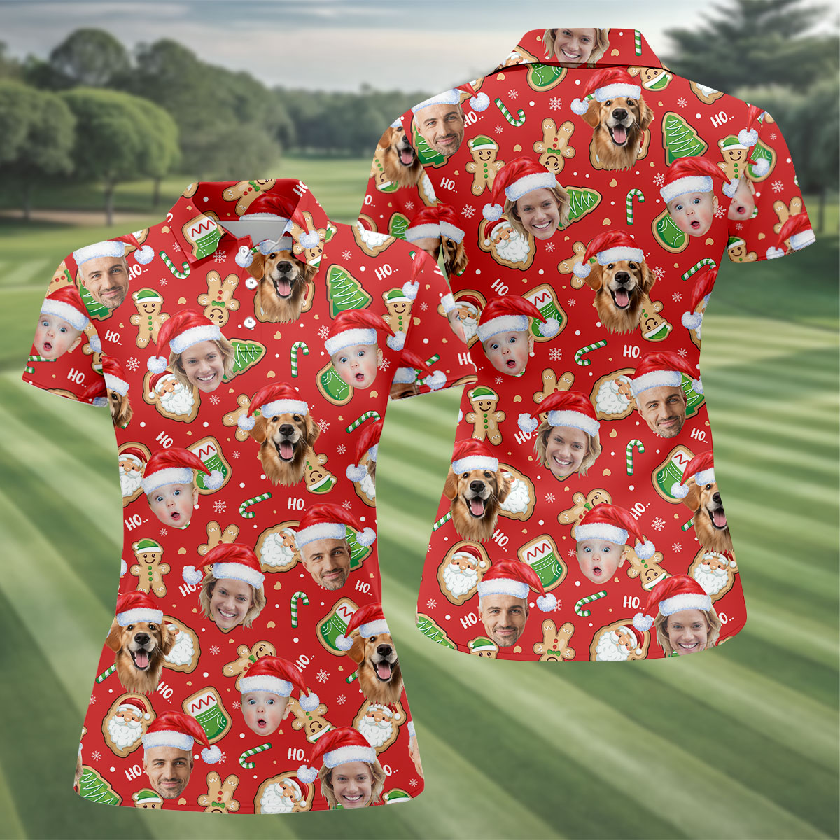 Custom Face Ho... Gingerbread Pattern Red Golf Shirt, Christmas Golf Shirt, Women's Golf Tops, Golf Gift For Ladies