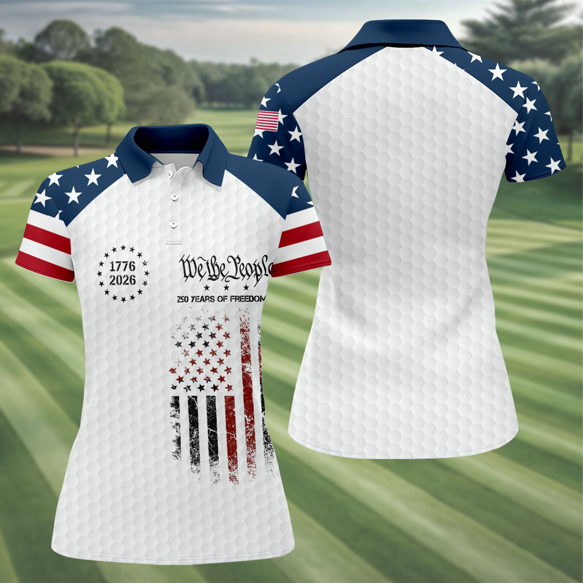 We The People 250 Years Of Freedom Distressed Flag Patriotic 4th Of July Golf Shirt For Women