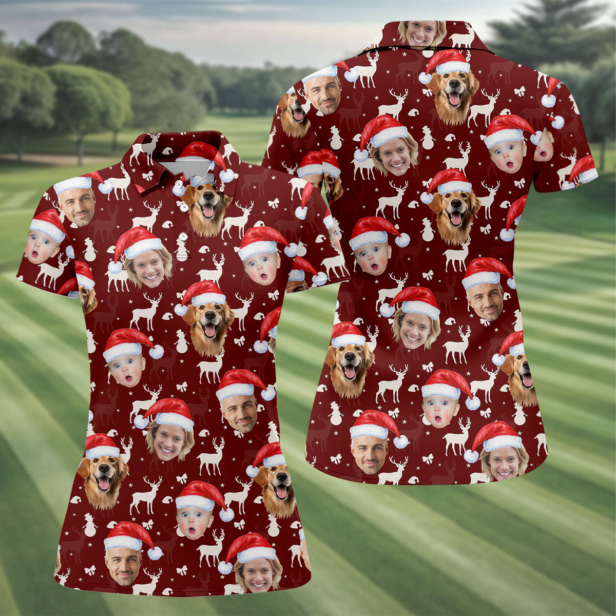 Custom Face Snow Figure Maroon Golf Shirt, Christmas Golf Shirt, Ladies Golf Tops, Golf Gifts For Women