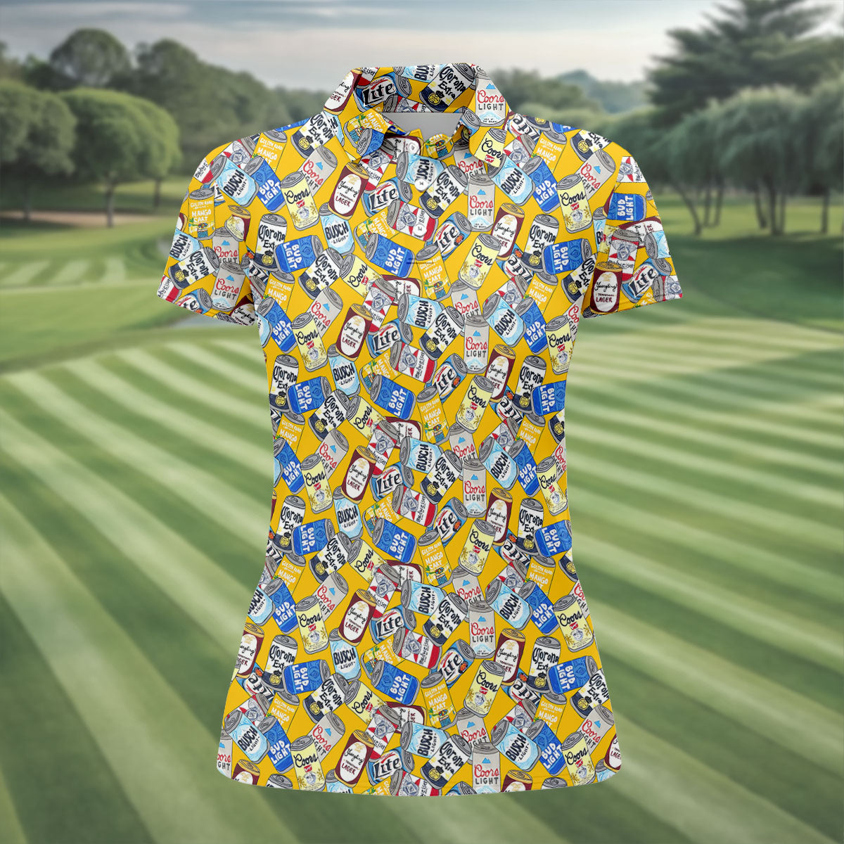 American Beer Cans Yellow Golf Shirt, Ladies Golf Shirts, Golf And Beer Golf Shirt For Women