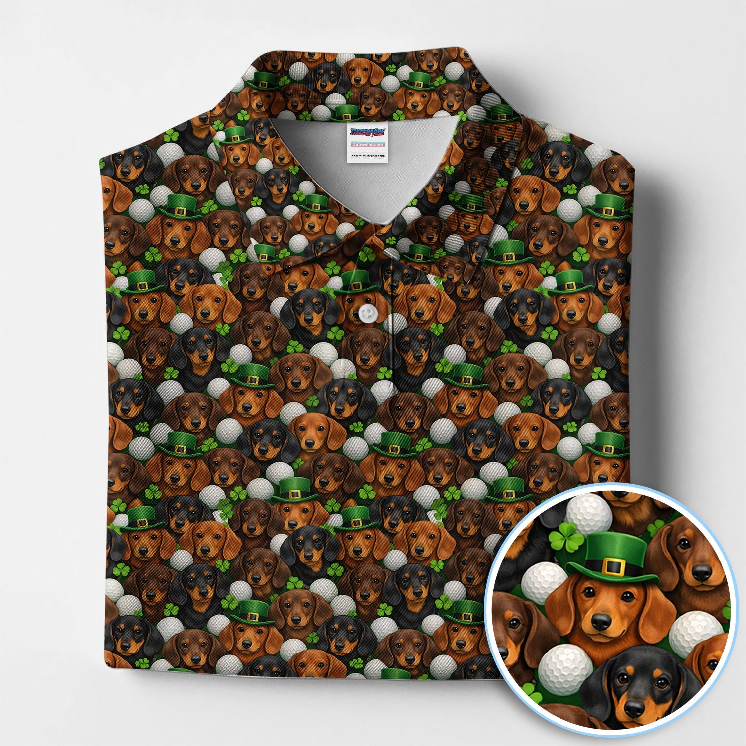 Dachshund St. Patrick’s Day Golf Polos, Wiener Dog Pattern Golf Shirt For Men, Funny Golf Gift For Golfer