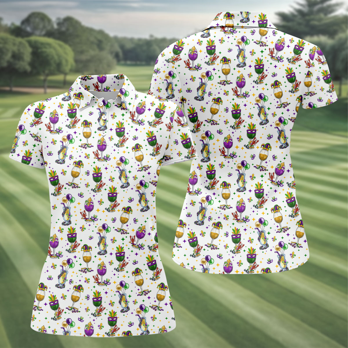 Mardi Gras Wine Glass Beaded Garland Fleur De Lis White Golf Shirt, Women's Golf Tops, Ladies Golf Polos