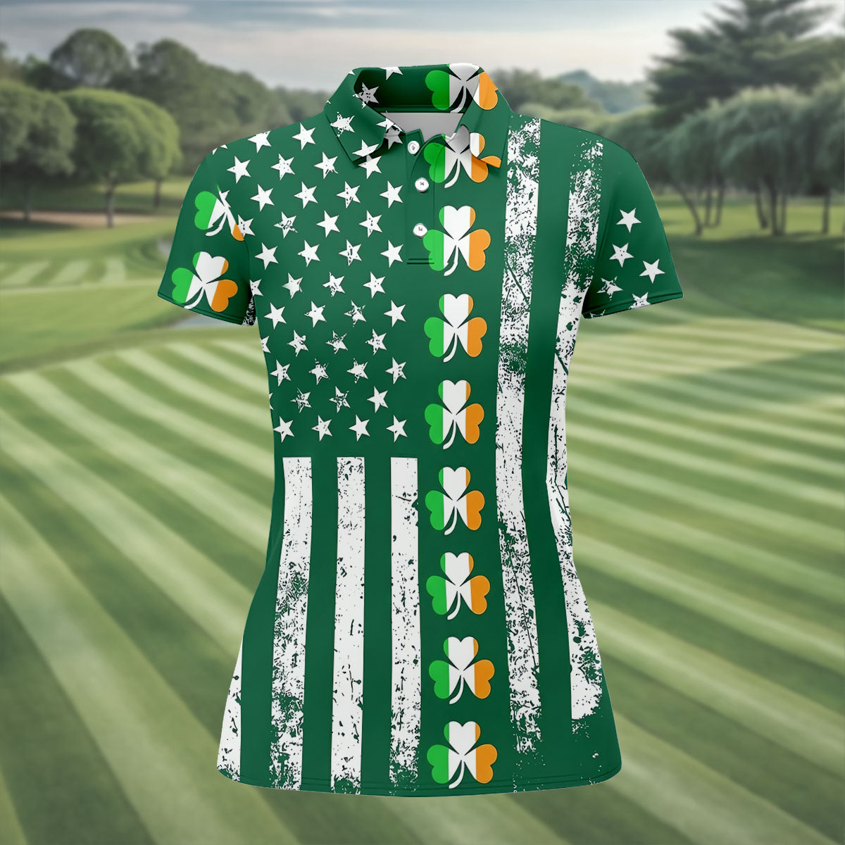 Irish Shamrock Vertical Stripes St Patrick's Day Golf Shirt, Women's Golf Shirts, Ladies Golf Polos