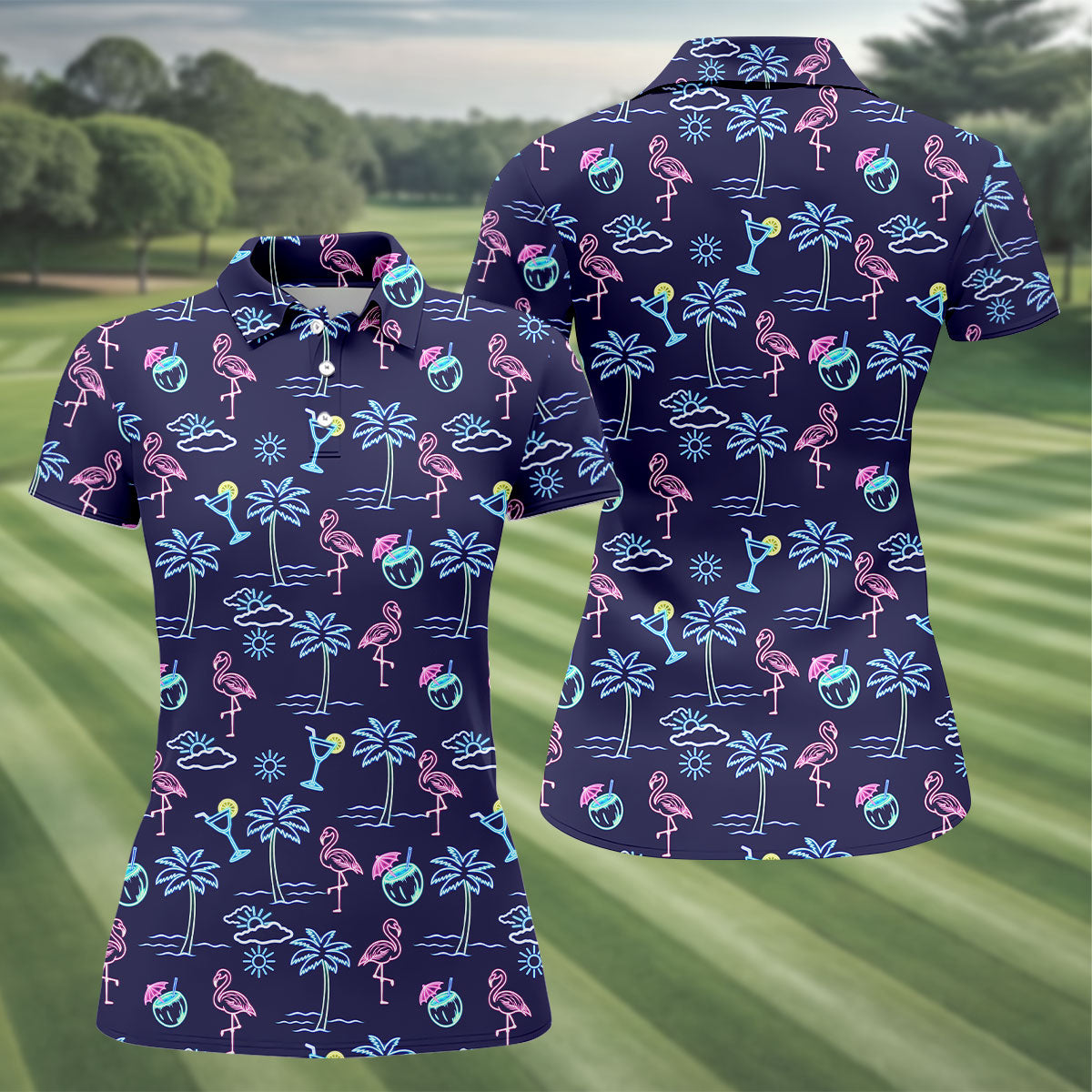 Neon Line Tropical Flamingo Hawaiian Golf Shirt, Golf Shirt For Women, Golfing Apparel