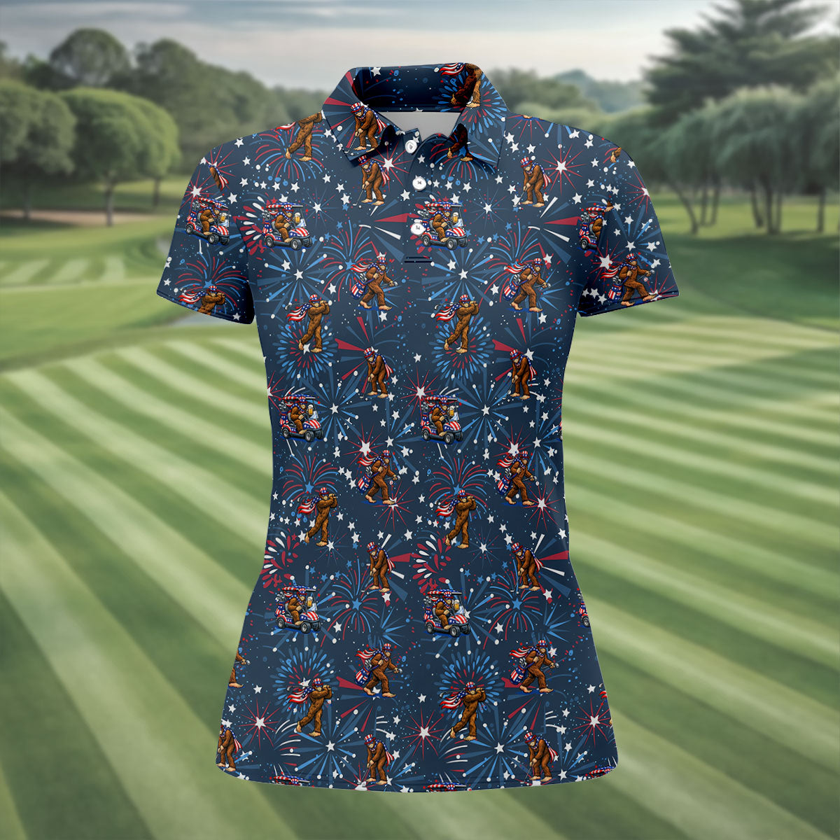 Funny Bigfoot Golf Pose Festive Vibe Navy 4th Of July Women Golf Top, 250th Anniversary Patriotic Golf Shirt