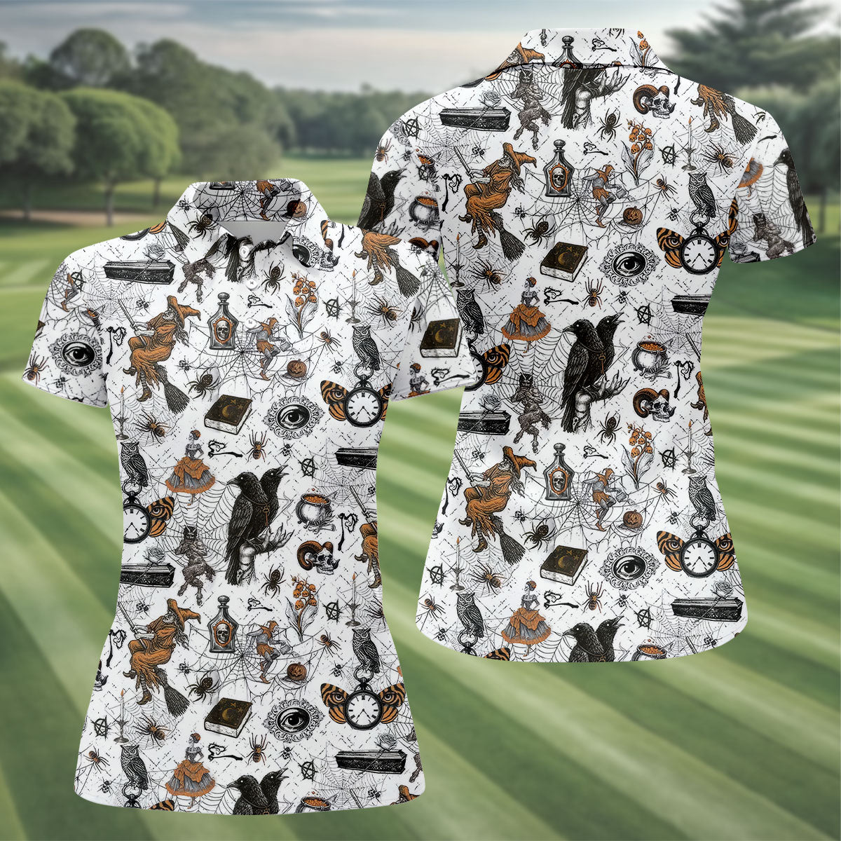 Spider Witch Skull Black Crow Women's Golf Shirt, Halloween Golf Shirt, Halloween Shirt For Women, Ladies Golf Shirt