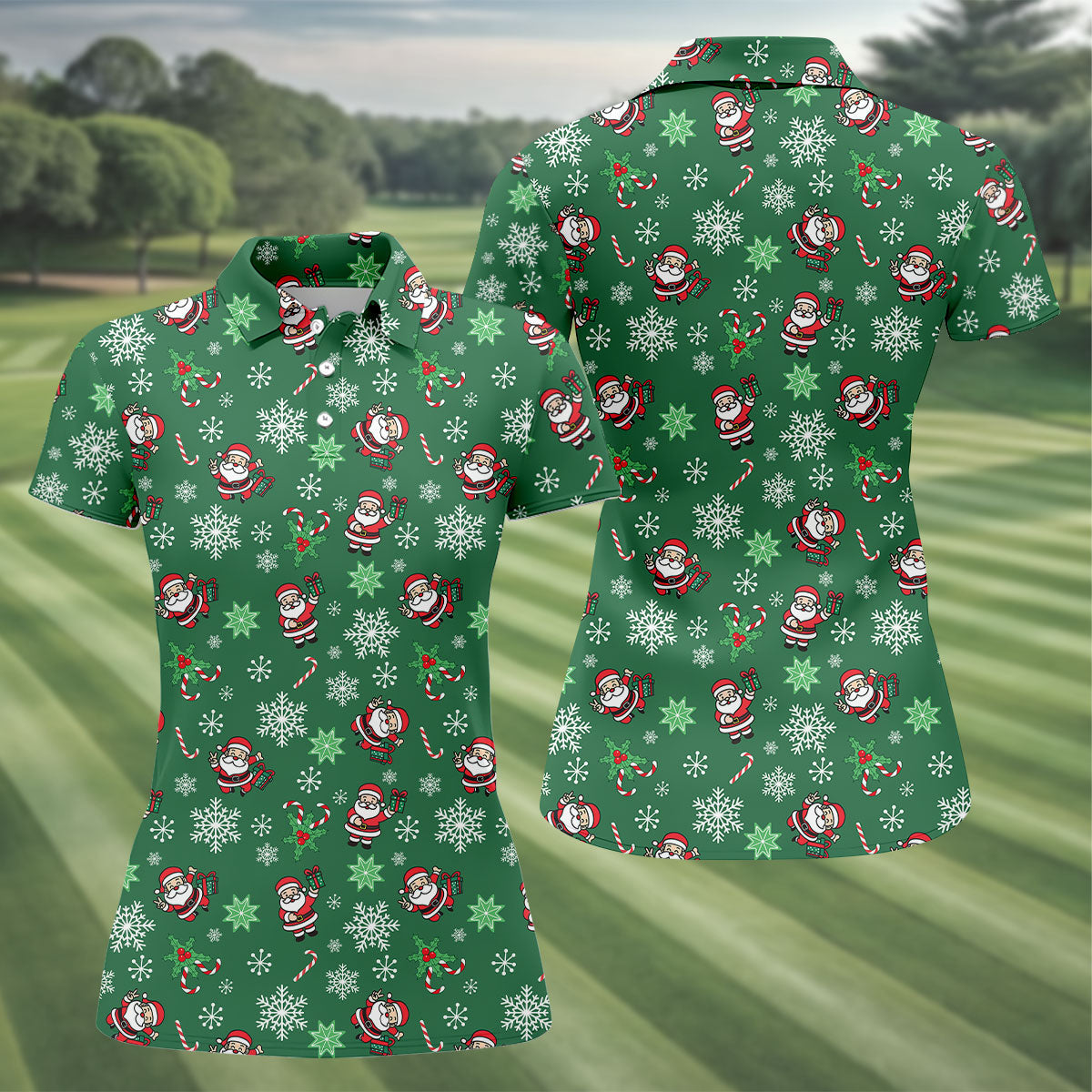 Santa Claus Pattern Christmas Green Fun Women's Golf Shirts, Christmas Golf Shirt, Ladies Golf Shirts