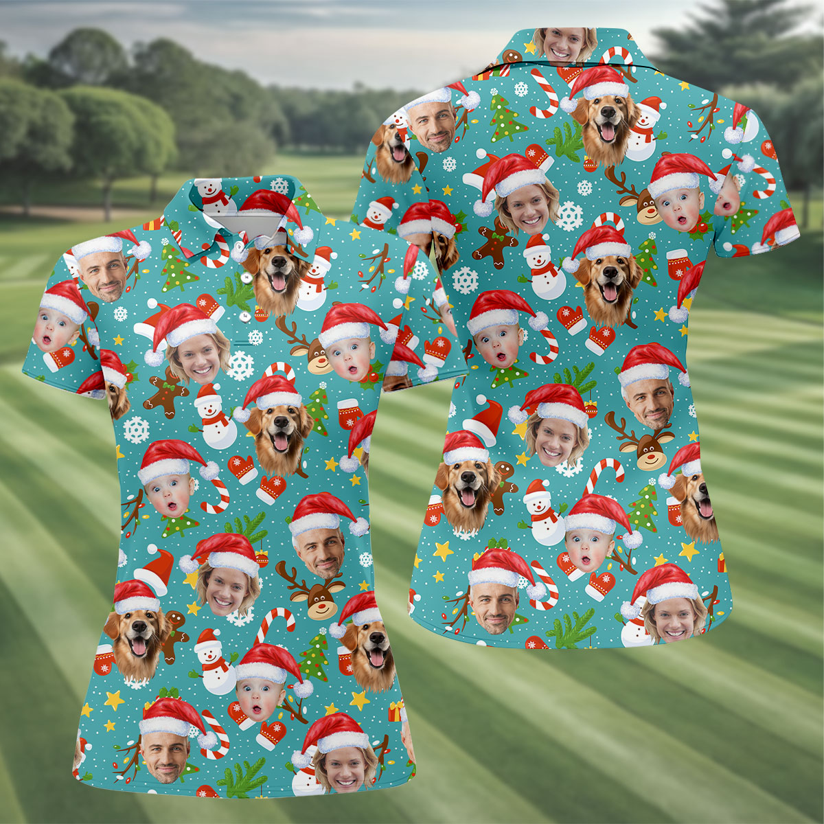 Custom Face Cute Christmas Pattern Teal Golf Shirt, Christmas Golf Shirt, Golf Gifts For Women