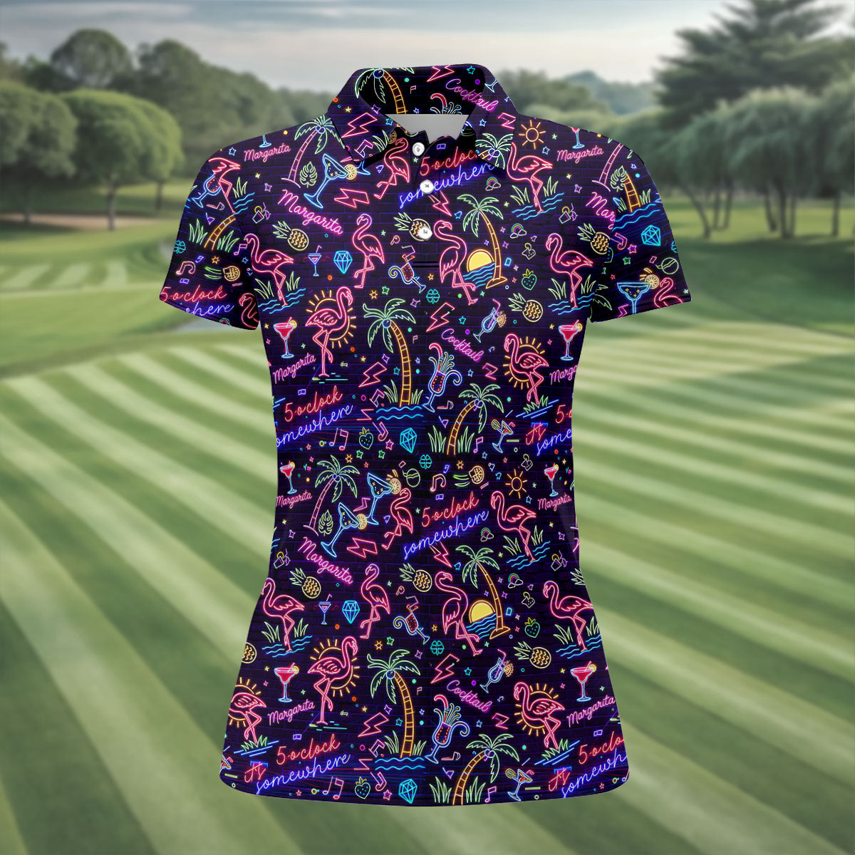 Tropical Theme Neon Pattern Black Golf Shirt, Women's Golf Tops, Golf Shirt For Women, Ladies Golf Shirts