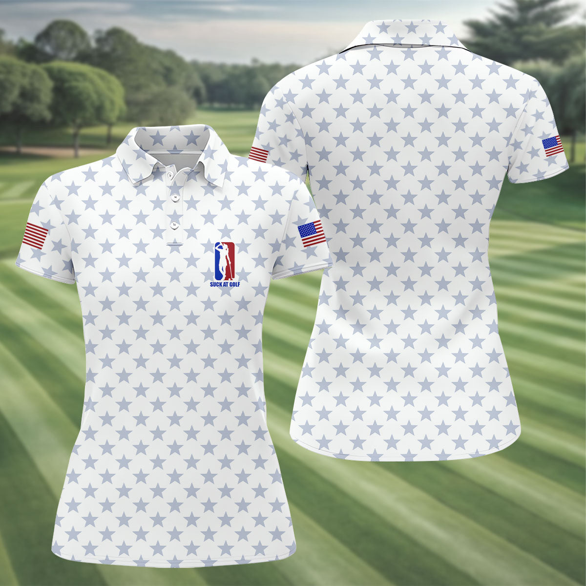 Suck At Golf Patriotic 4th Of July Stars Pattern White Golf Shirt, 250th Anniversary Golf Shirt For Women