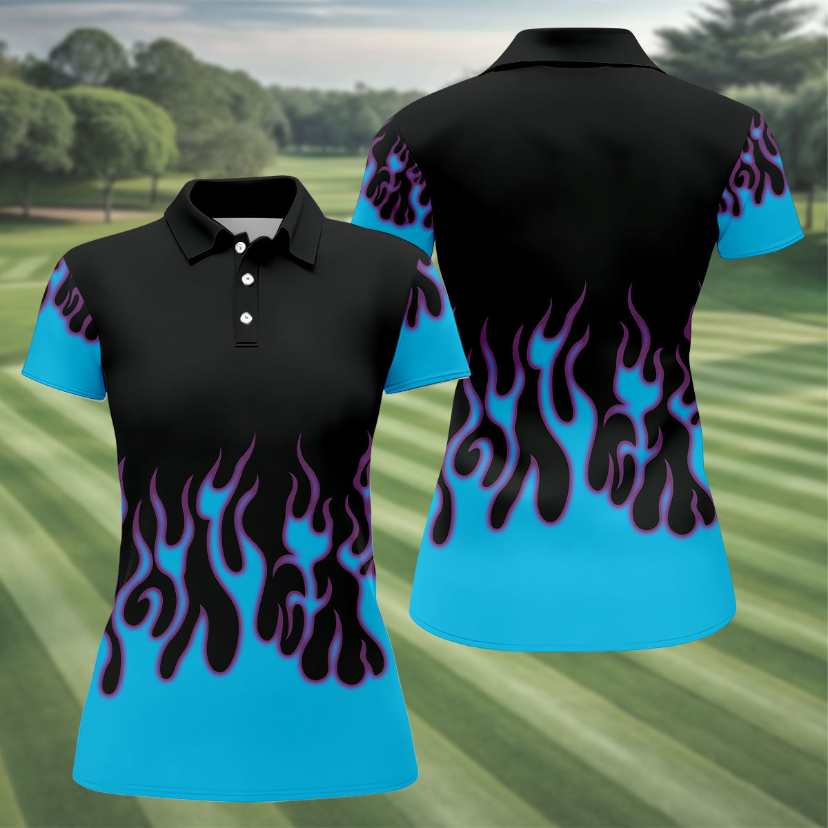 Black Cyan Purple Flame Sleeve Golf Shirt, Women's Golf Tops, Women’s Golf Apparel
