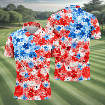Patriotic Floral Golf Shirt, Red White Blue Blossom Pattern, Golf Shirt For Men