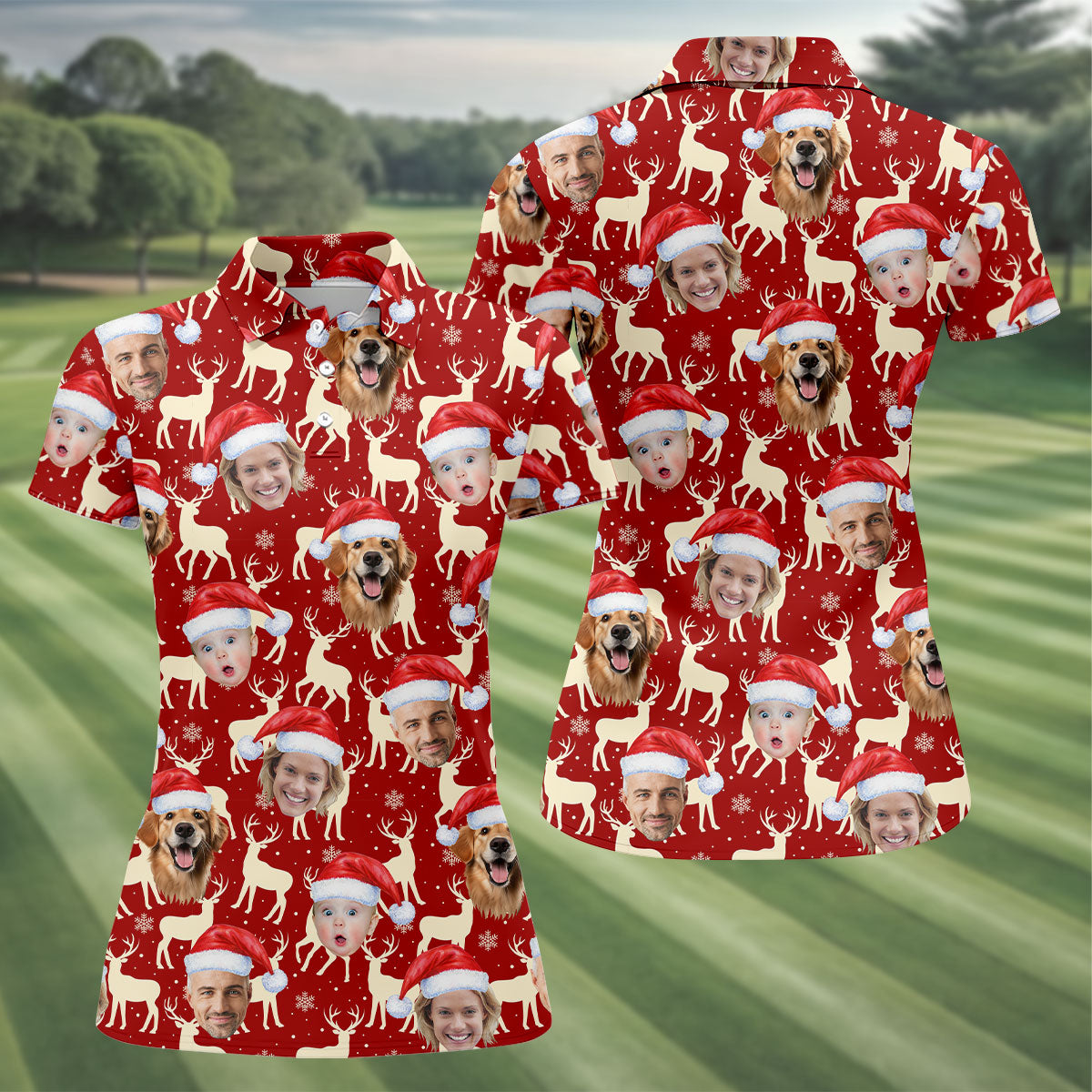 Custom Face Reindeer Pattern Beige And Red Christmas Golf Shirt, Ladies Golf Shirts, Golf Gifts For Women