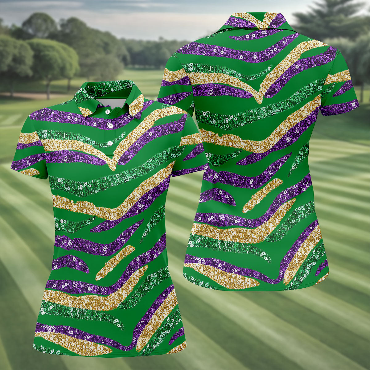 Purple Green Gold Sequin Pattern Green Golf Shirt, Mardi Gras Golf Shirt, Women's Golf Tops, Ladies Golf Shirts