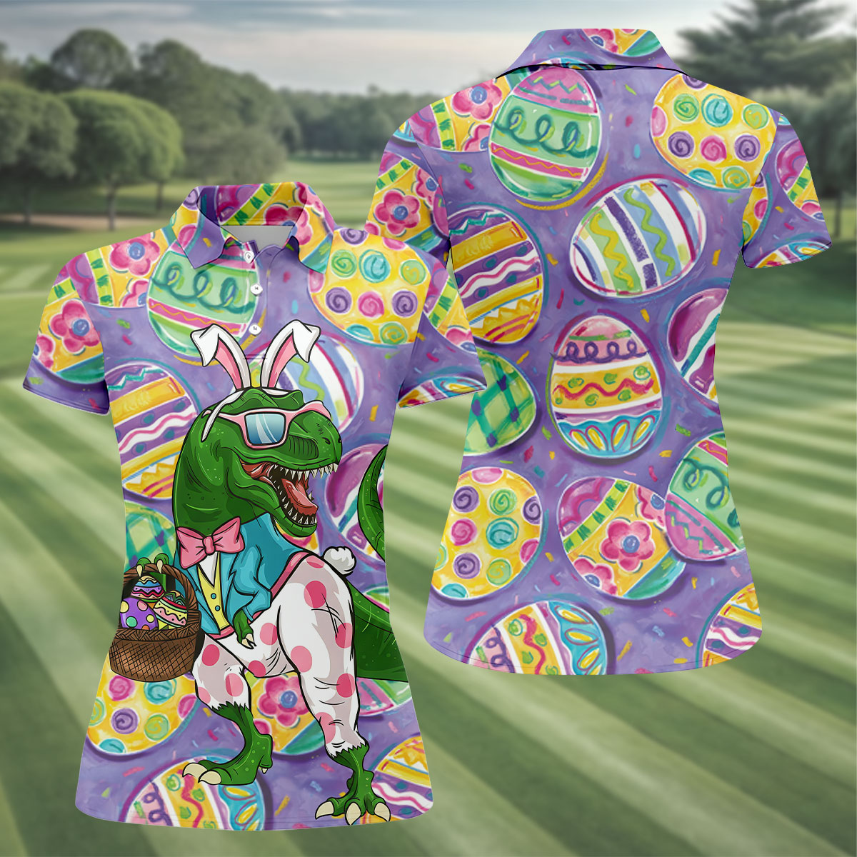 T-Rex Bunny Painted Easter Eggs Women Golf Top, Fun Women's Golf Shirts, Ladies Golf Shirts