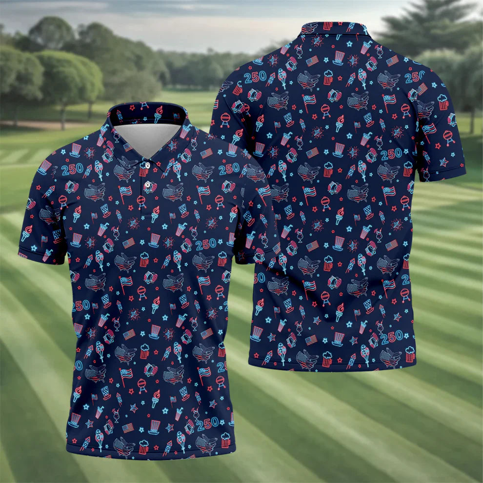 250th Anniversary Doodle Style Neon Pattern Golf Tops For Men, Patriotic 4th Of July Golf Shirts For Men