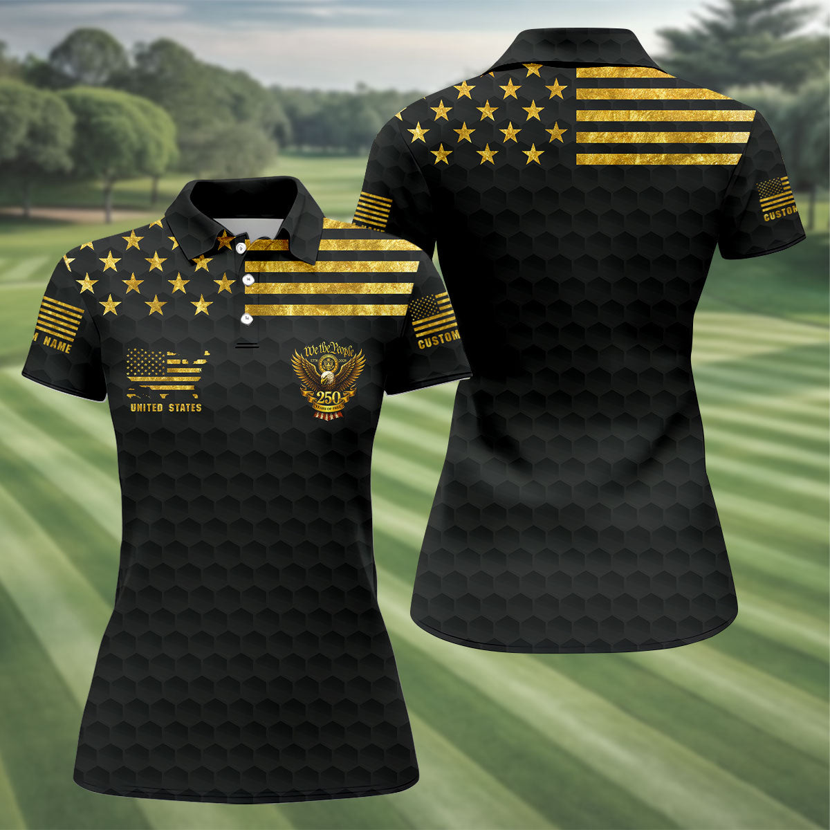 We The People 250 Years Of Free Black And Gold 4th Of July Golf Shirt, Women's Golf Tops