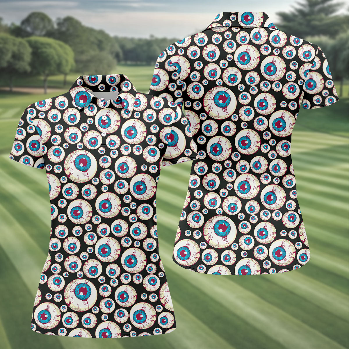 Black And White Eyeball Pattern Women's Golf Tops, Unique Gift For Golfer, Ladies Golf Shirts